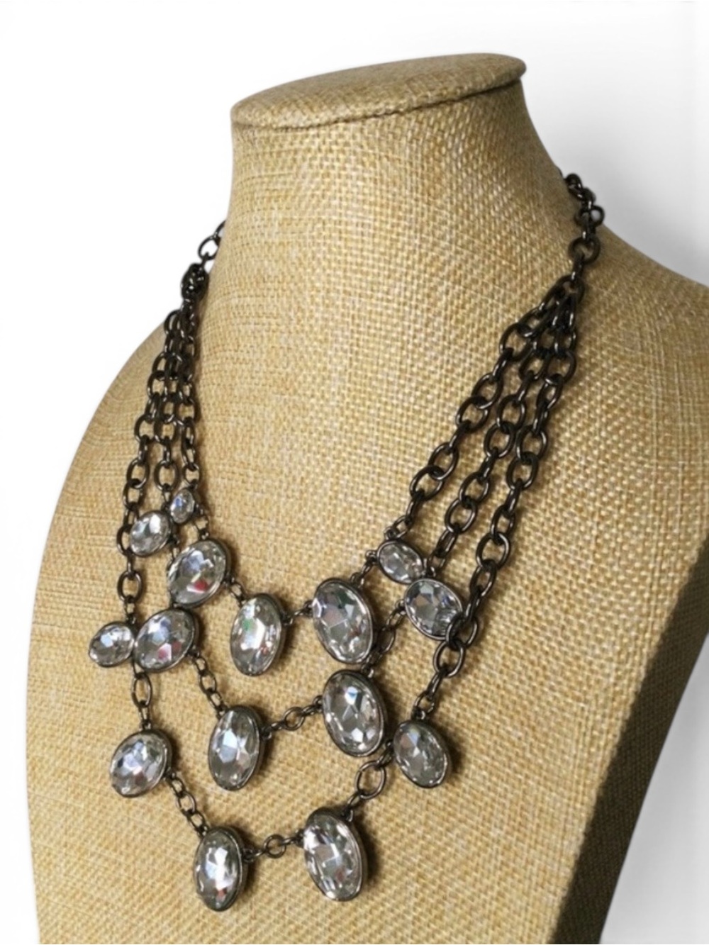 CHICO'S Gunmetal Multi-Layer Oval Crystal Statement Necklace - Picture 7 of 11